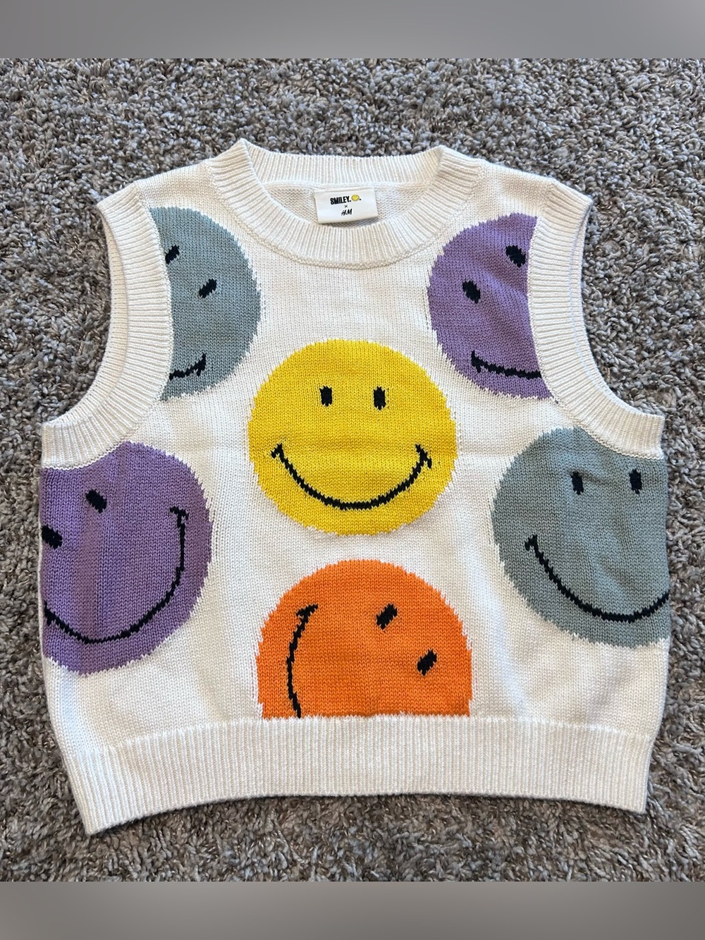 SMILEY CO X H&M Knit SWEATER VEST Cream Colorful Happy Face Graphic Kidcore Size